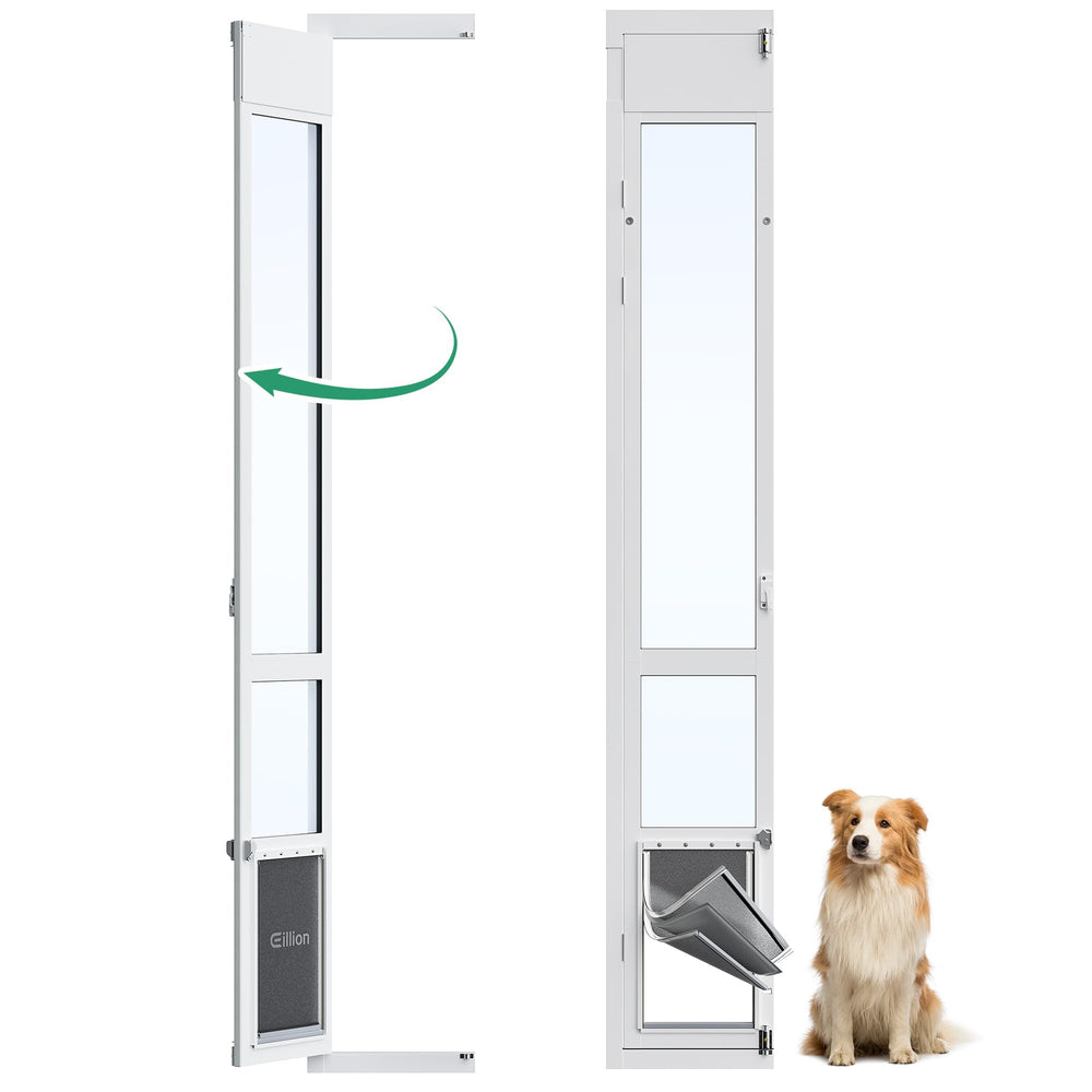 Puerta de Eillion para perros grande con 3 paneles abatibles en puerta de vidrio, facilita acceso seguro.