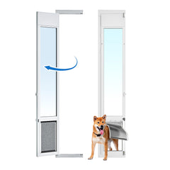 Puerta para perros Eillion con panel metálico en puerta deslizante de vidrio, segura.