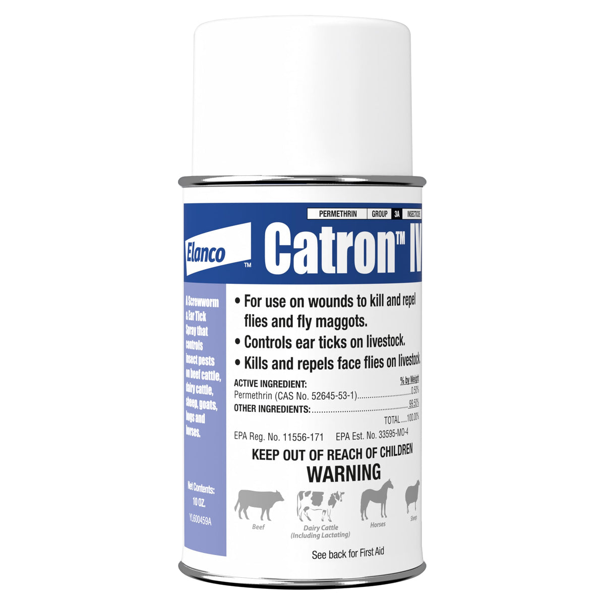 Catron IV aplicado en herida de ganado con colorante azul para identificar áreas tratadas.