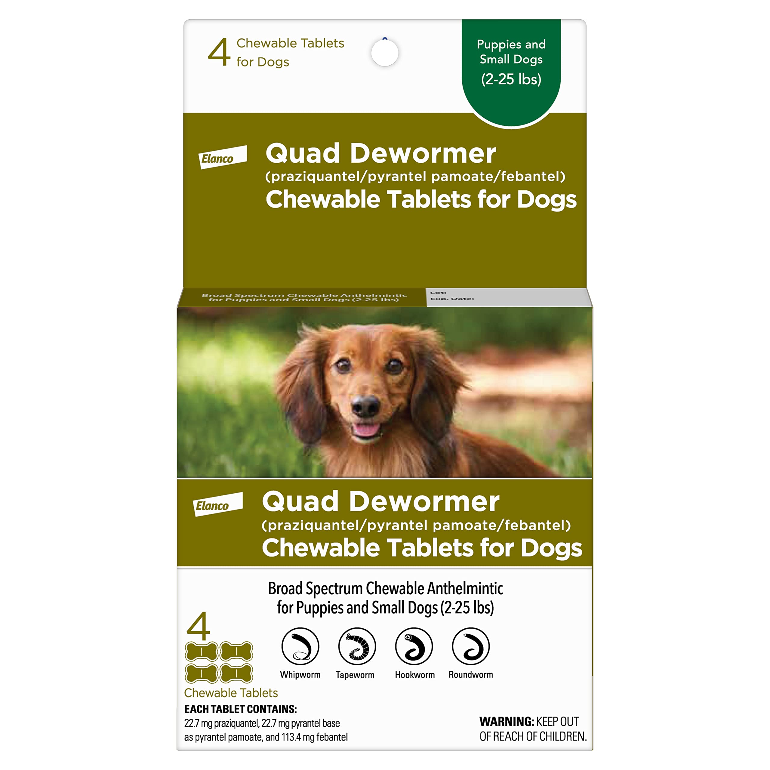 Elanco desparasitante cuadruple para perros pequeños, tabletas sabor ternera.