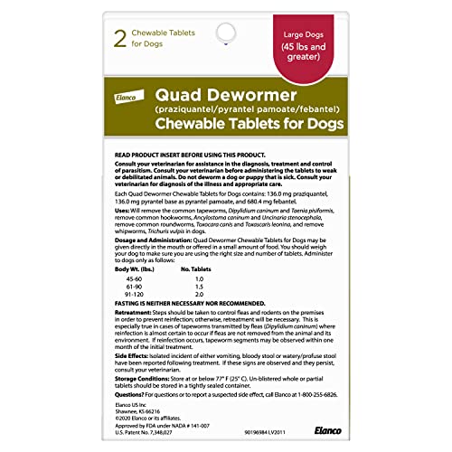 Elanco Quad Dewormer: envase con tabletas listas para usar.