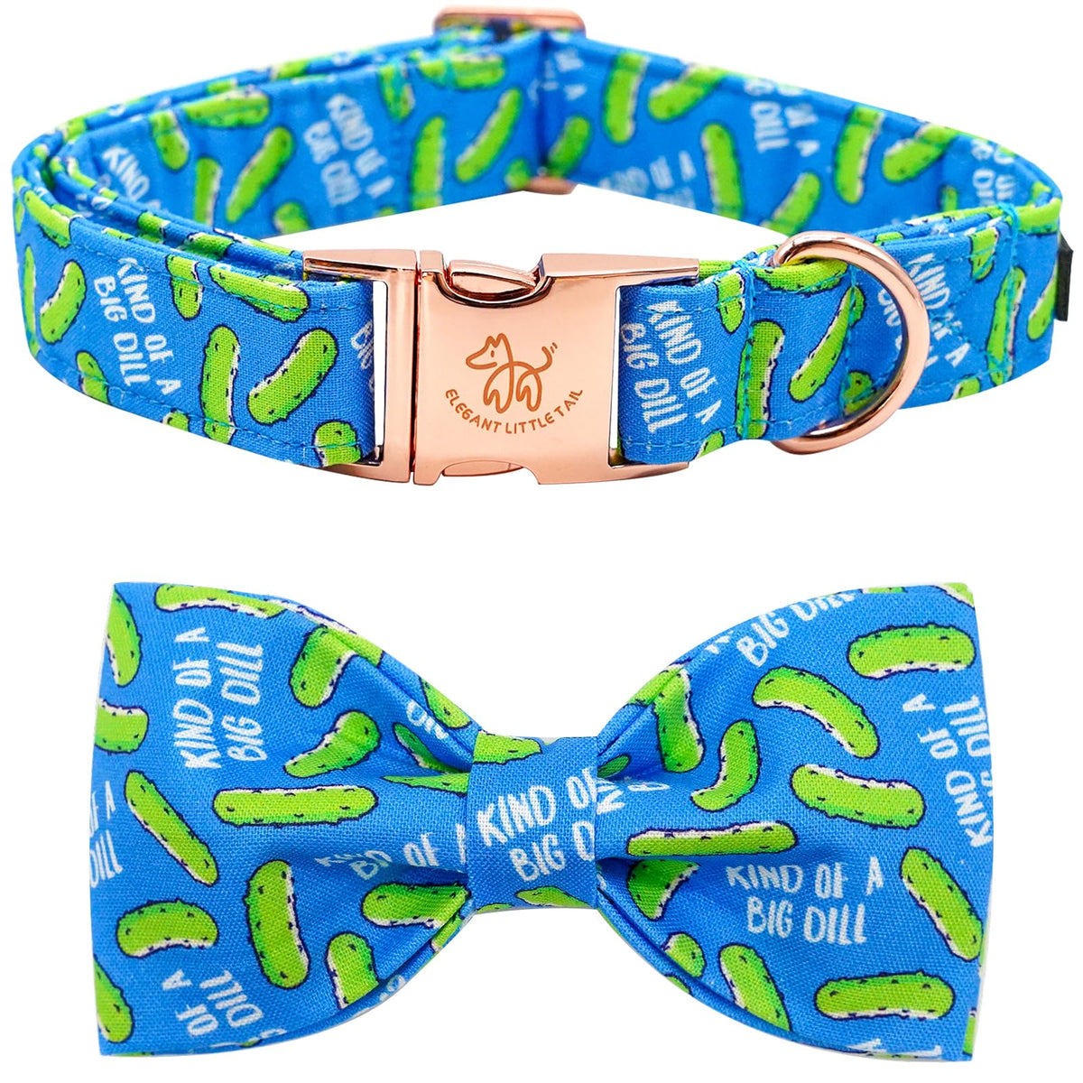Elegant Little Tail collar con lazo y estampado pepinillos eneldo, perfecto para paseos.