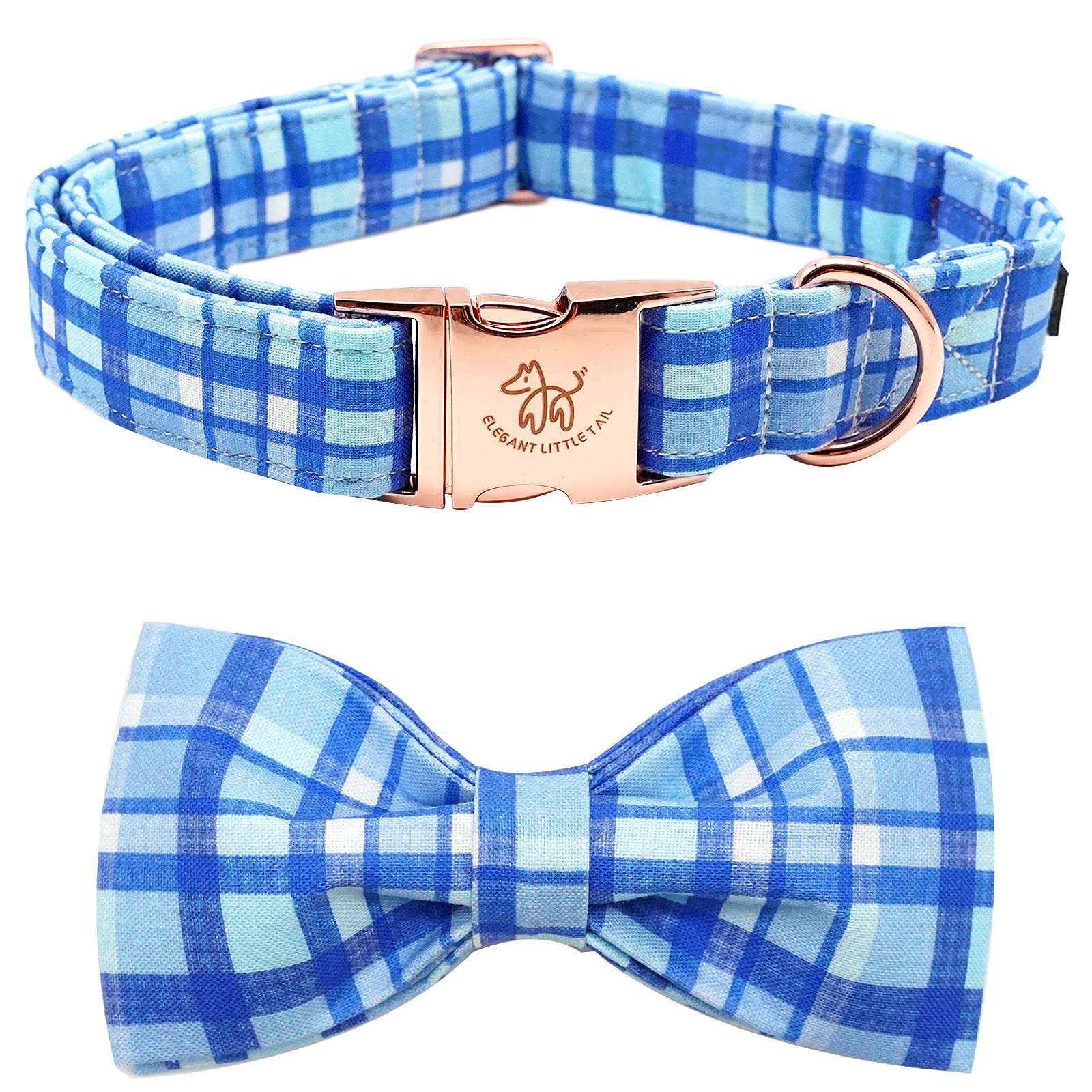 Elegant Little Tail collar con lazo azul a cuadros y hebilla metálica para paseos con estilo