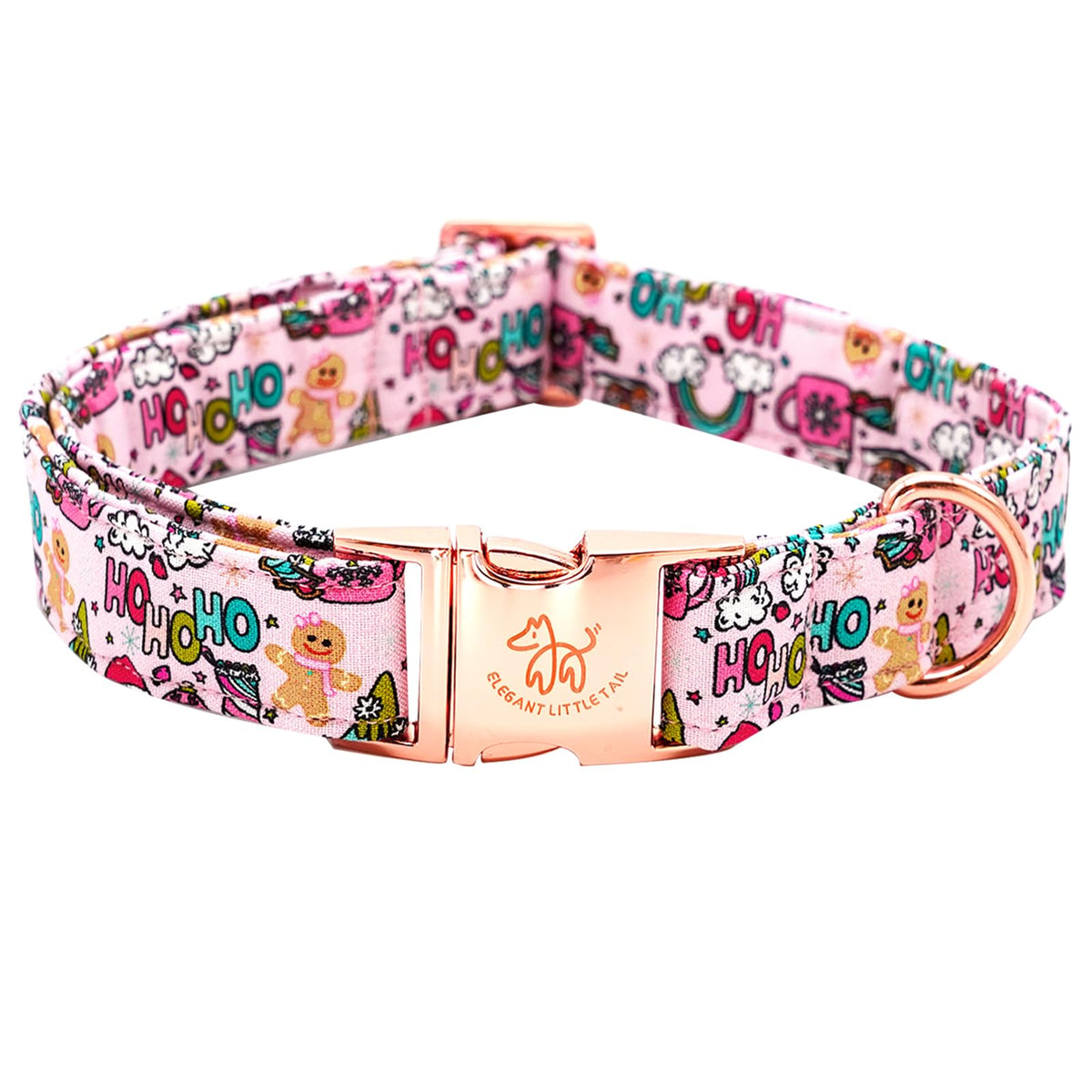 Elegant Little Tail collar para perro con impresión navideña rosa hombre de jengibre, ideal para fiestas.