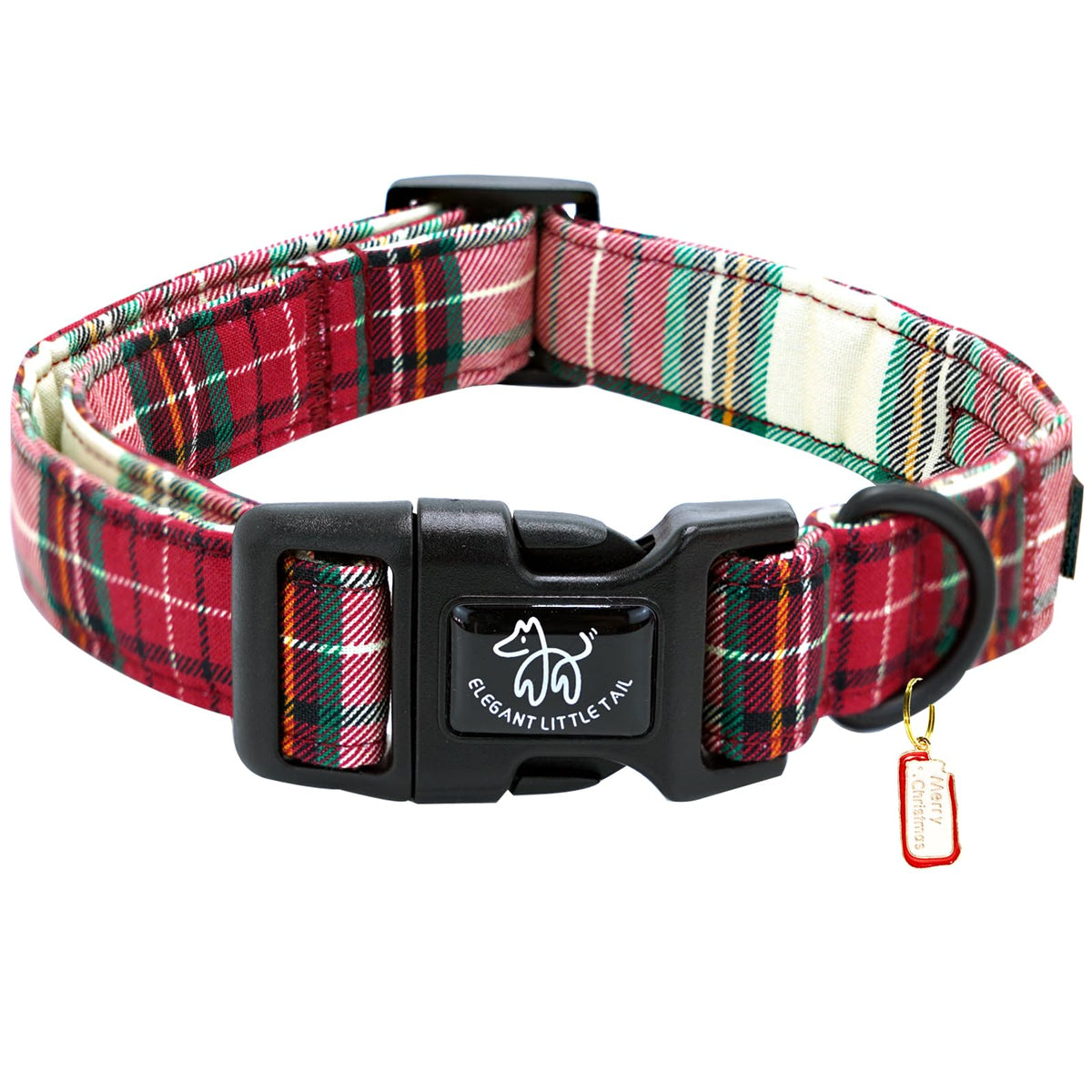 Collar navideño Elegant Little Tail rojo plaid para perros, ideal para fiestas.