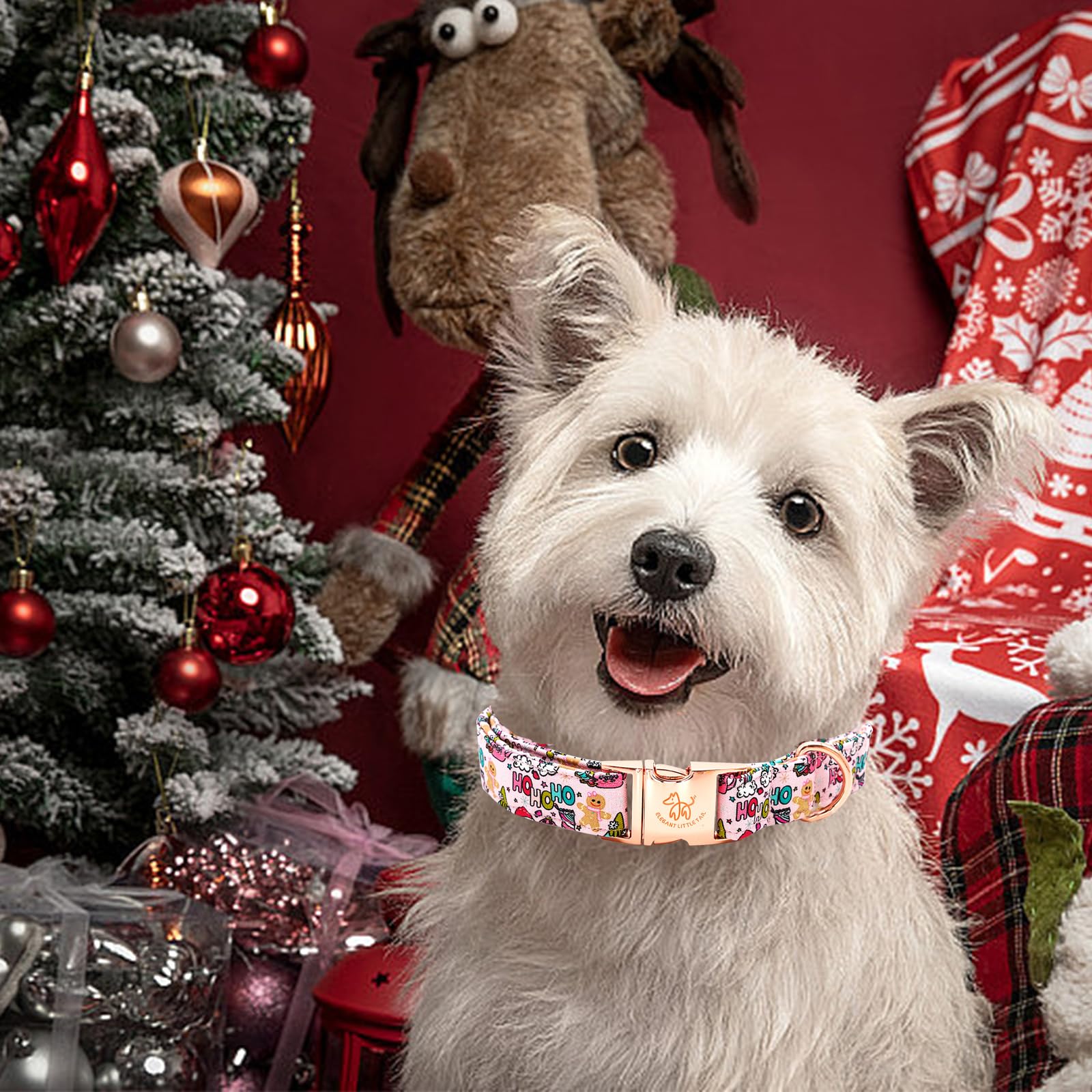 Elegant Little Tail collar navideño rosa, ideal para sesiones de fotos y regalos de temporada.