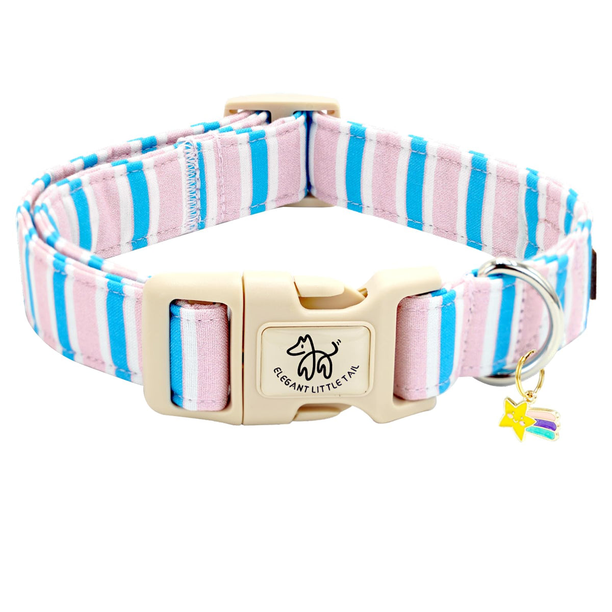 Collar Elegant little tail para perros rosa con rayas azules, cómodo para paseos.