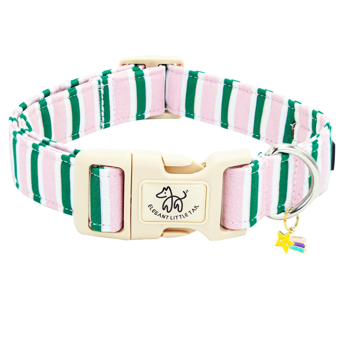 Collar Elegant Little Tail rosa con franja verde, ideal para paseos.