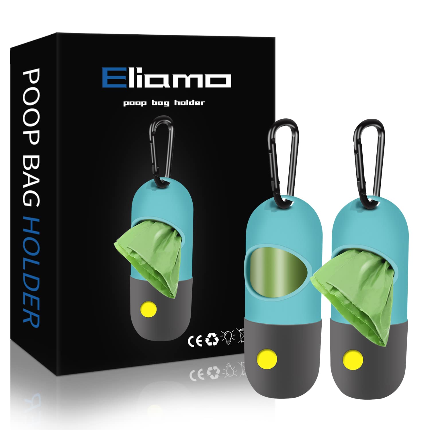 Dispensador Eliamo con luz LED para paseos nocturnos y bolsas fáciles de localizar.