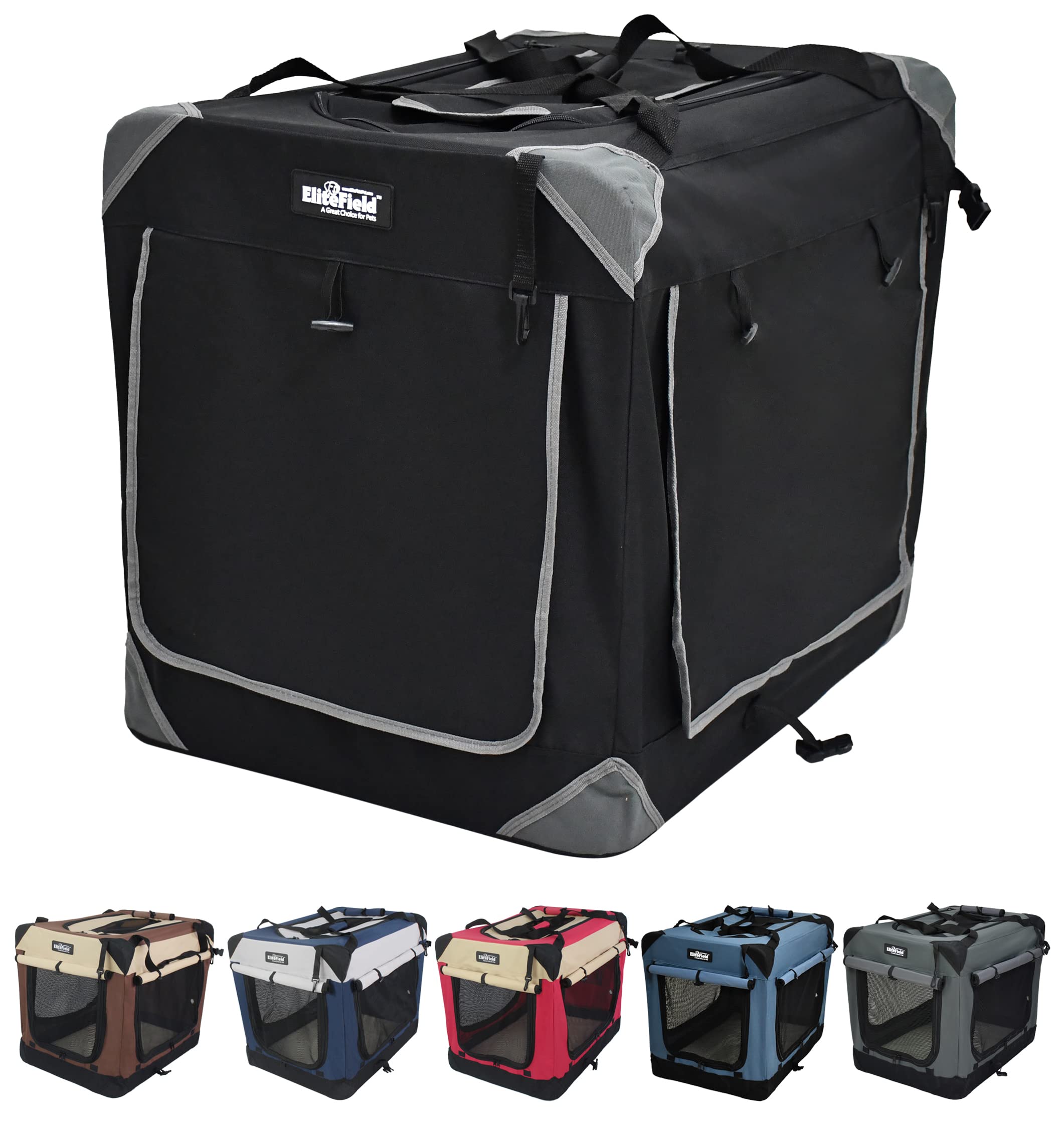 EliteField caja-perro cuatro-puertas cortinas muestra acceso y sombra para mayor confort