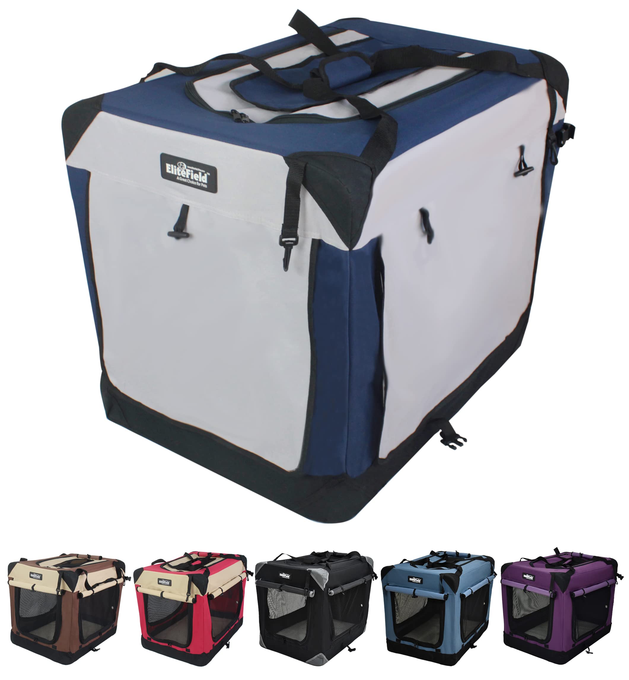 EliteField jaula para perros plegable de cuatro puertas, vista exterior segura y espaciosa.