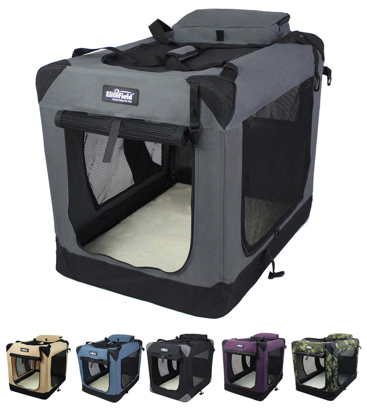 EliteField jaula blanda 3 puertas, acceso fácil y ventilación para perros.