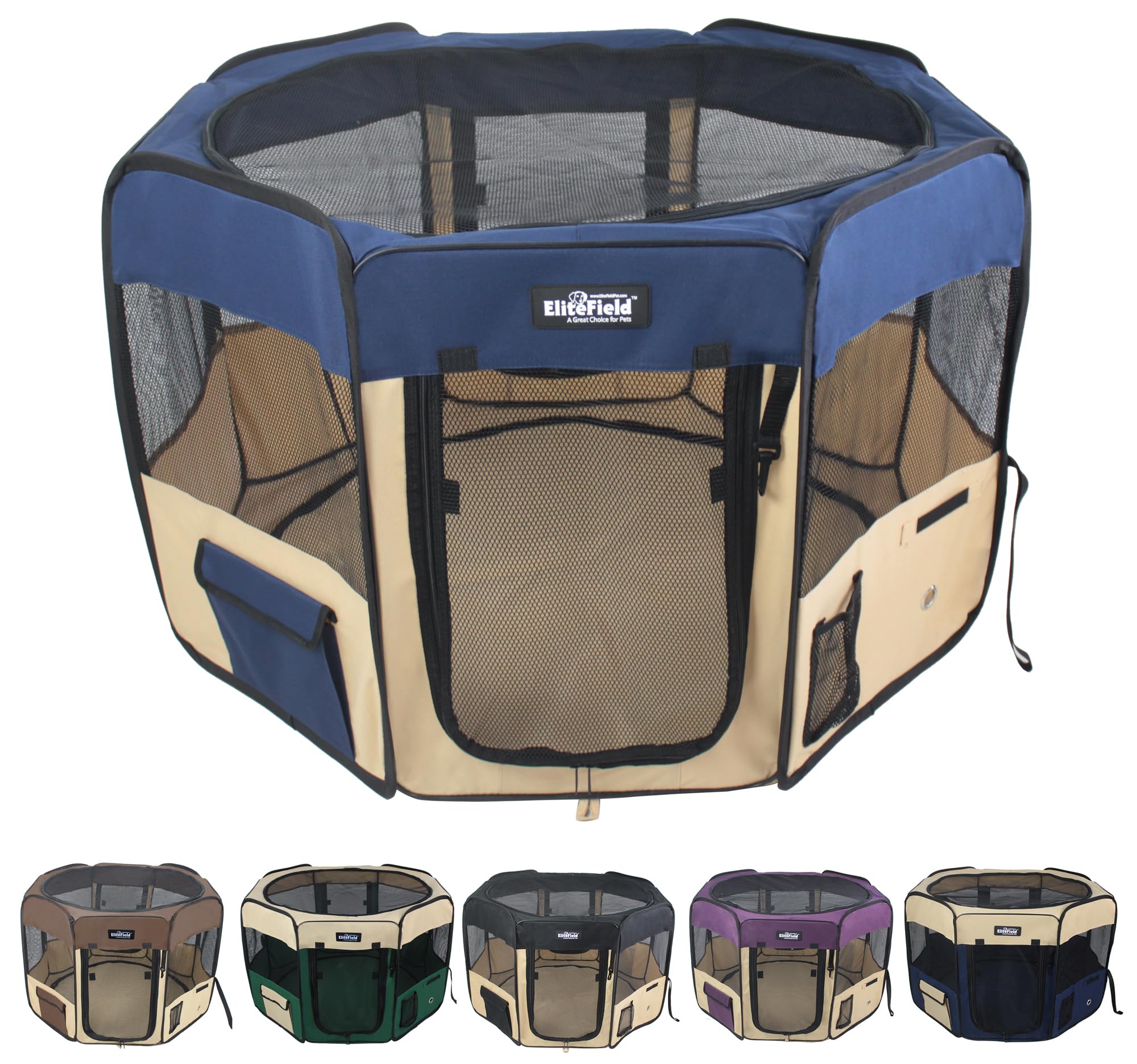 EliteField jaula blanda para mascotas con dos puertas para acceso seguro.