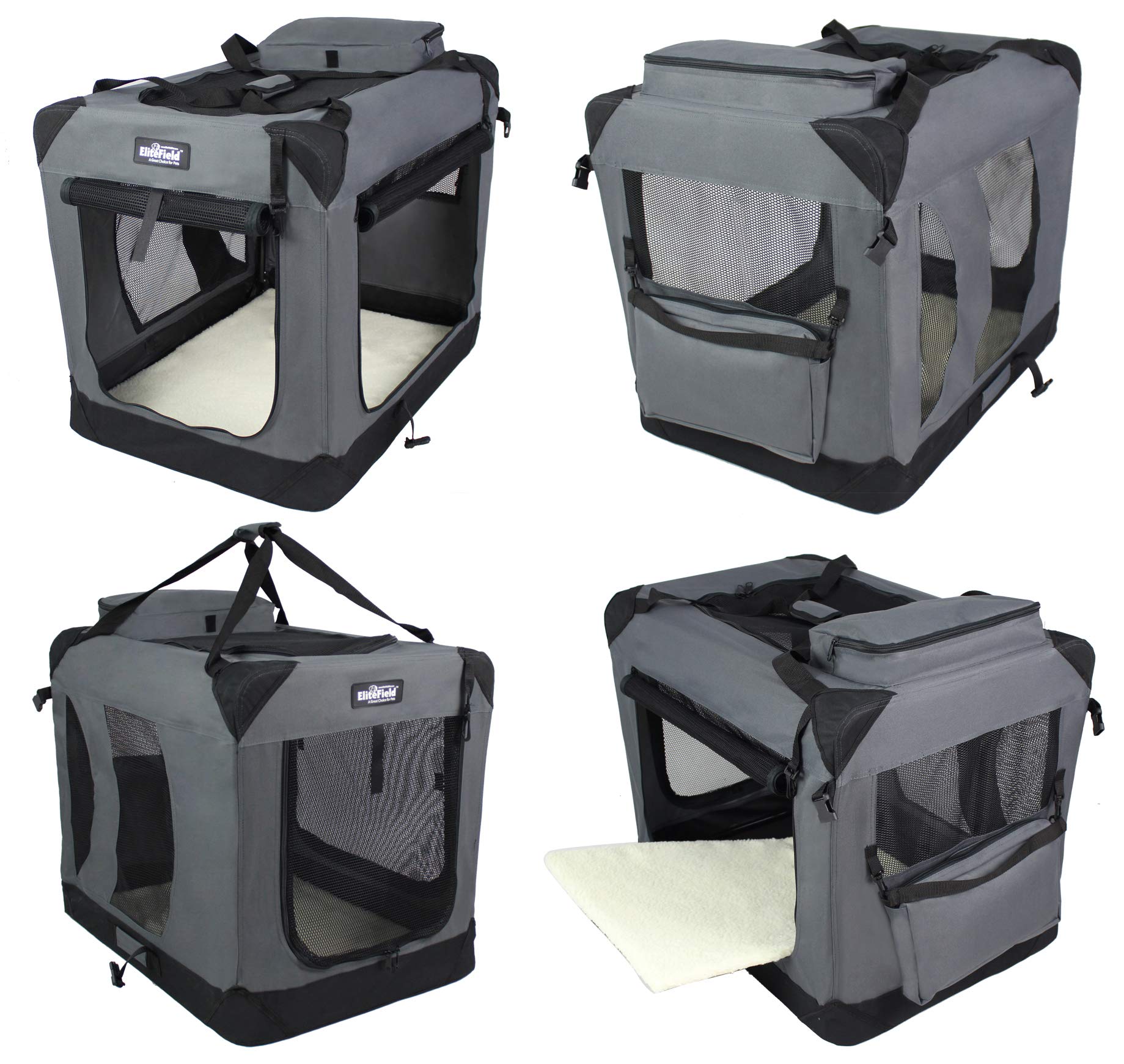 EliteField jaula blanda para perros con puerta lateral de malla para seguridad y respiración.
