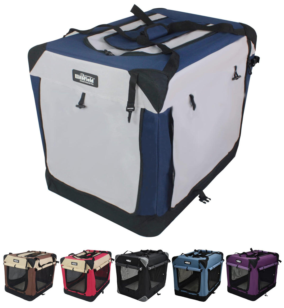 EliteField jaula blanda para perros, vista frontal con cuatro puertas y buena ventilación.
