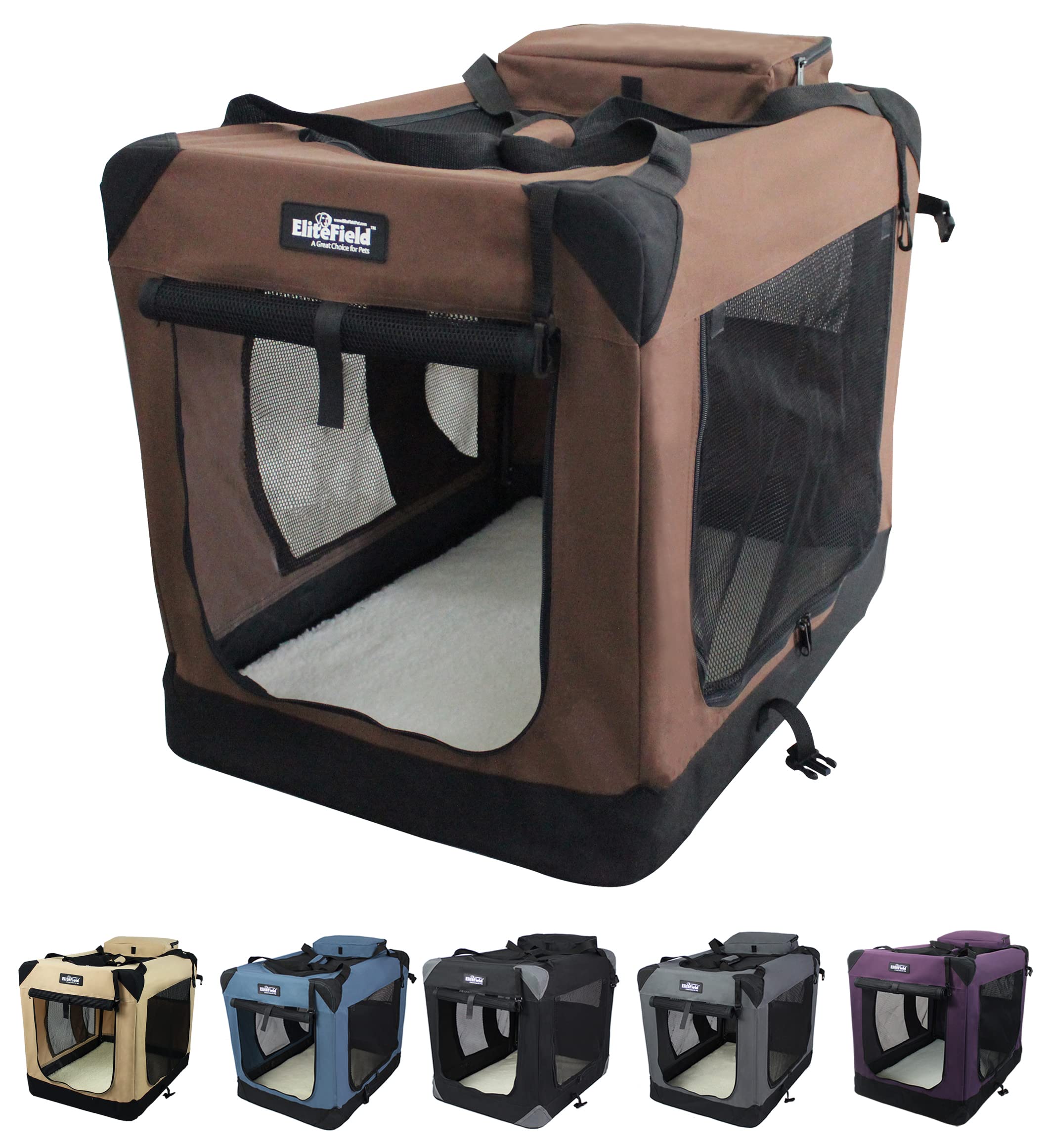 EliteField jaula blanda de 3 puertas para perros, acceso rápido y seguro.