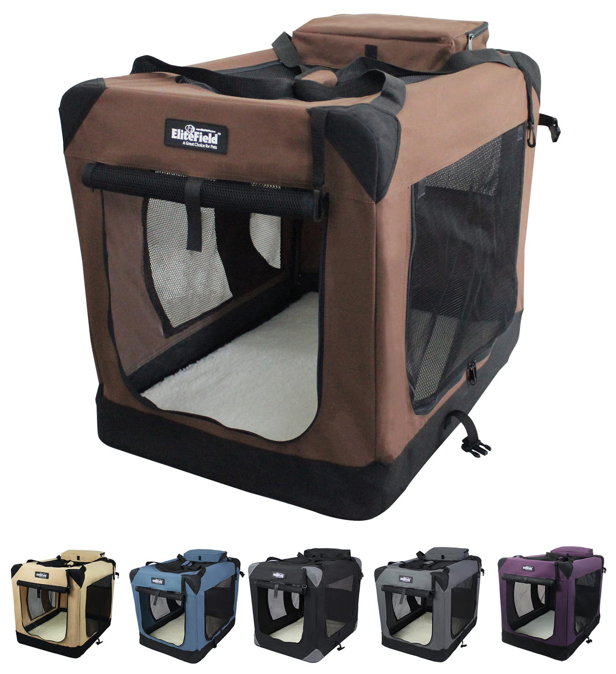 EliteField jaula blanda de 3 puertas para perros, acceso rápido y seguro.