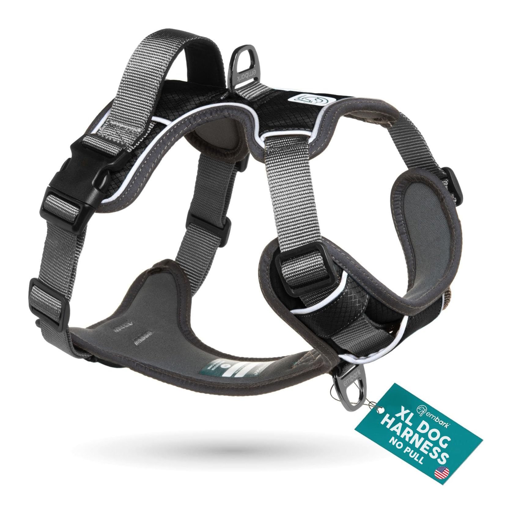 Arnés Embark Pets Aventura XL con reflectivo frontal para mayor visibilidad.