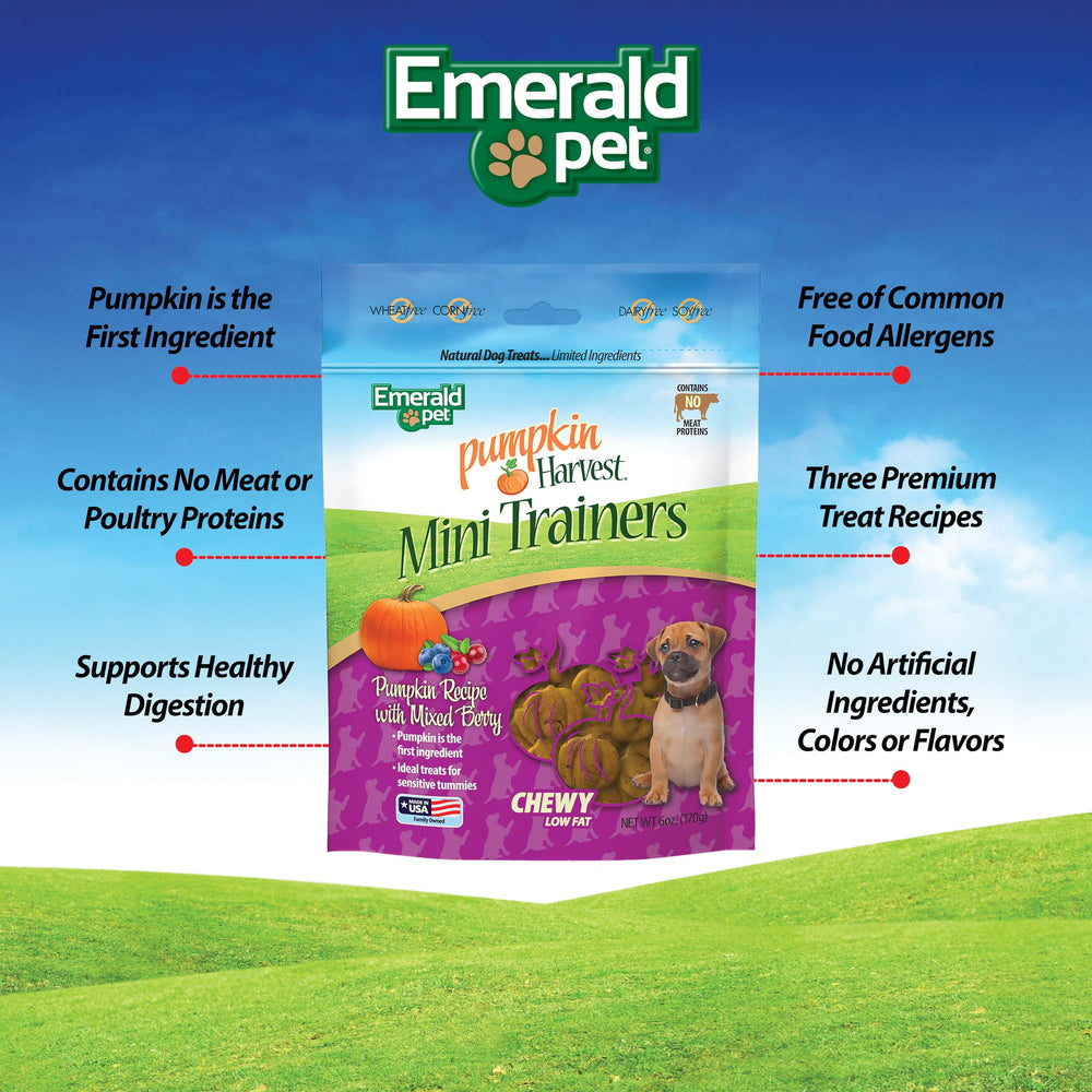 Emerald Pet empaque hecho en EE. UU., destaca ingredientes naturales y calidad.