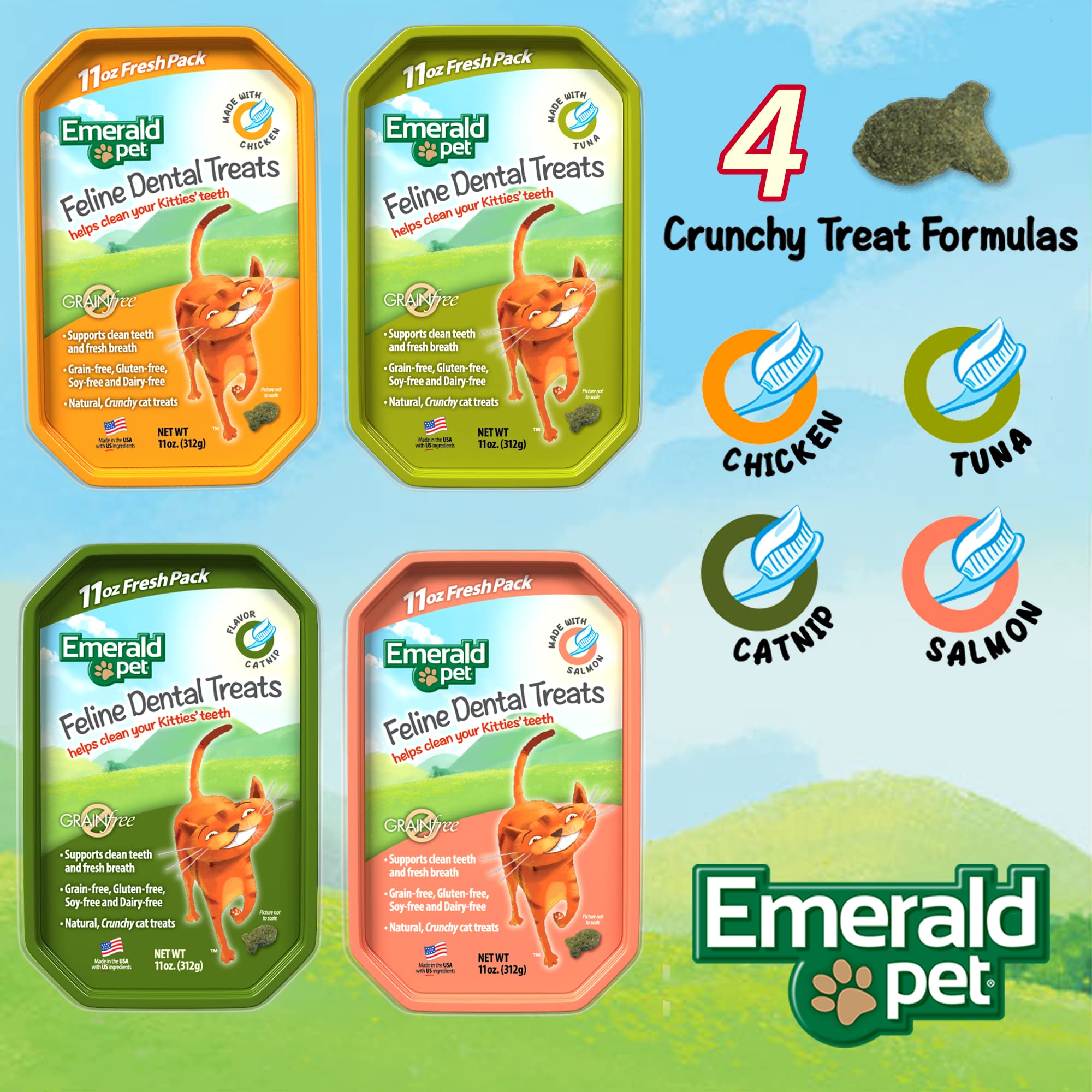 Gato mordisquea premio dental Emerald Pet para limpieza suave.