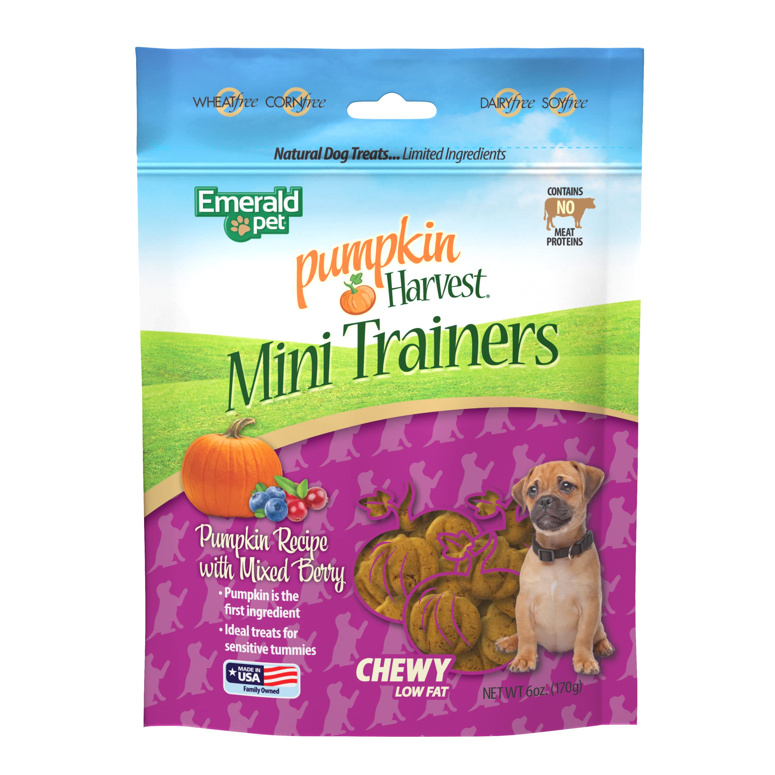 Emerald Pet mini-entrenadores con calabaza y arándanos azules, sabor agradable y digestión suave.
