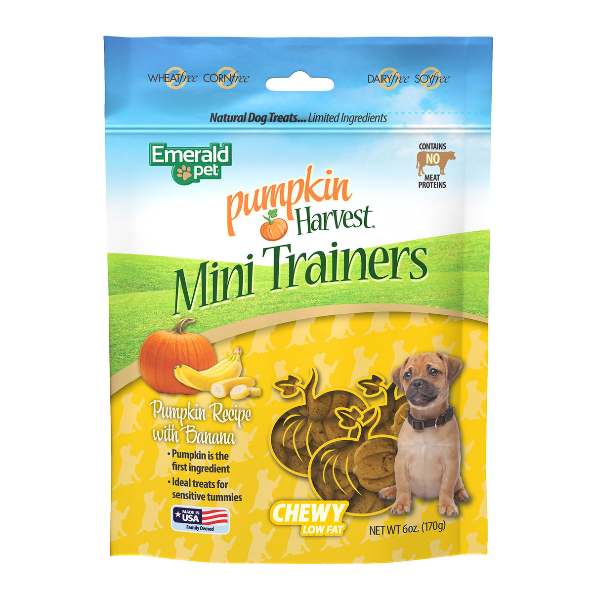 Emerald Pet Pumpkin Harvest Mini Trainers con Banana, empaque práctico para snack diario.