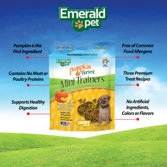 Emerald Pet Pumpkin Harvest Mini Trainers con Banana, ingredientes naturales aptos para perros sensibles.