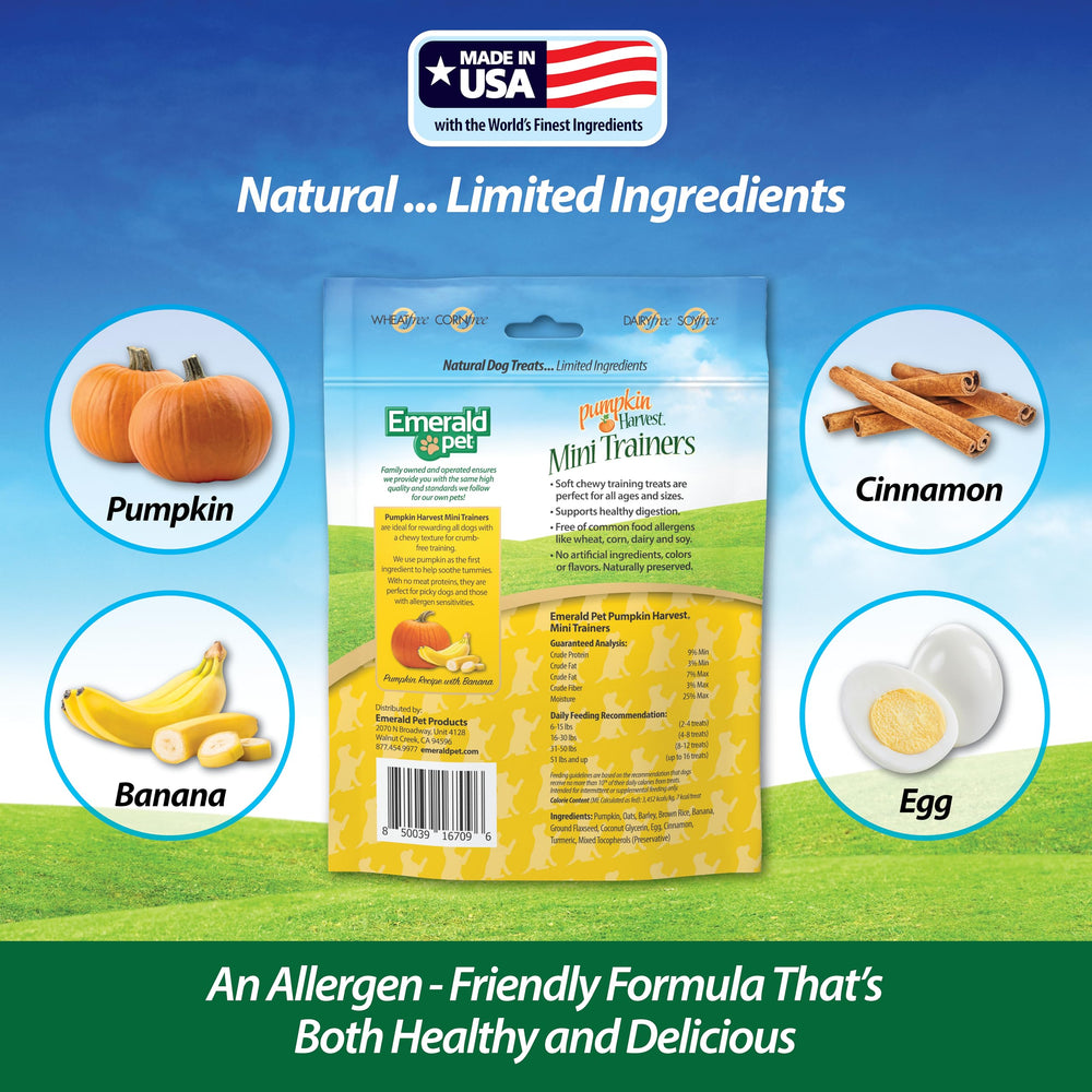 Emerald Pet Pumpkin Harvest Mini Trainers con Banana, trozos de pumpkin para sabor natural.