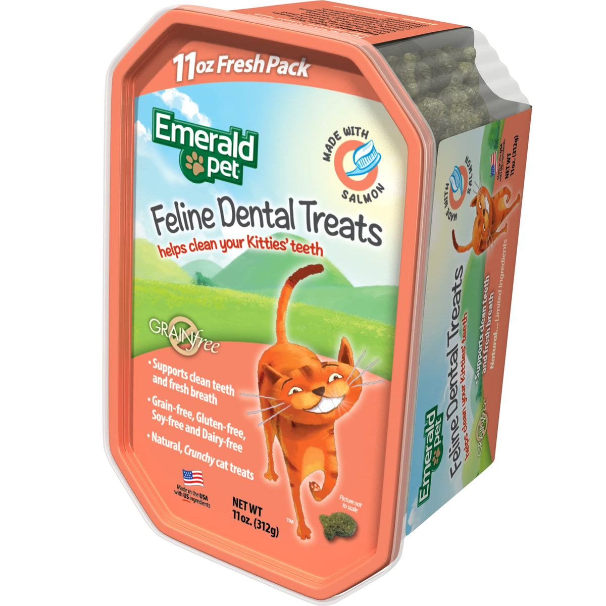 Emerald Pet premio dental para gatos con salmón, crujiente y envase de 11 oz.