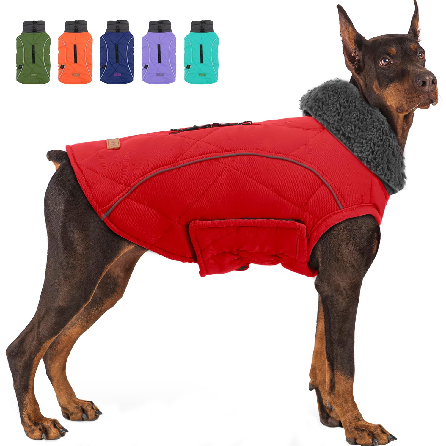 Abrigo EMUST para perro mediano rojo con cierre para arnés, ideal para paseos invernales.
