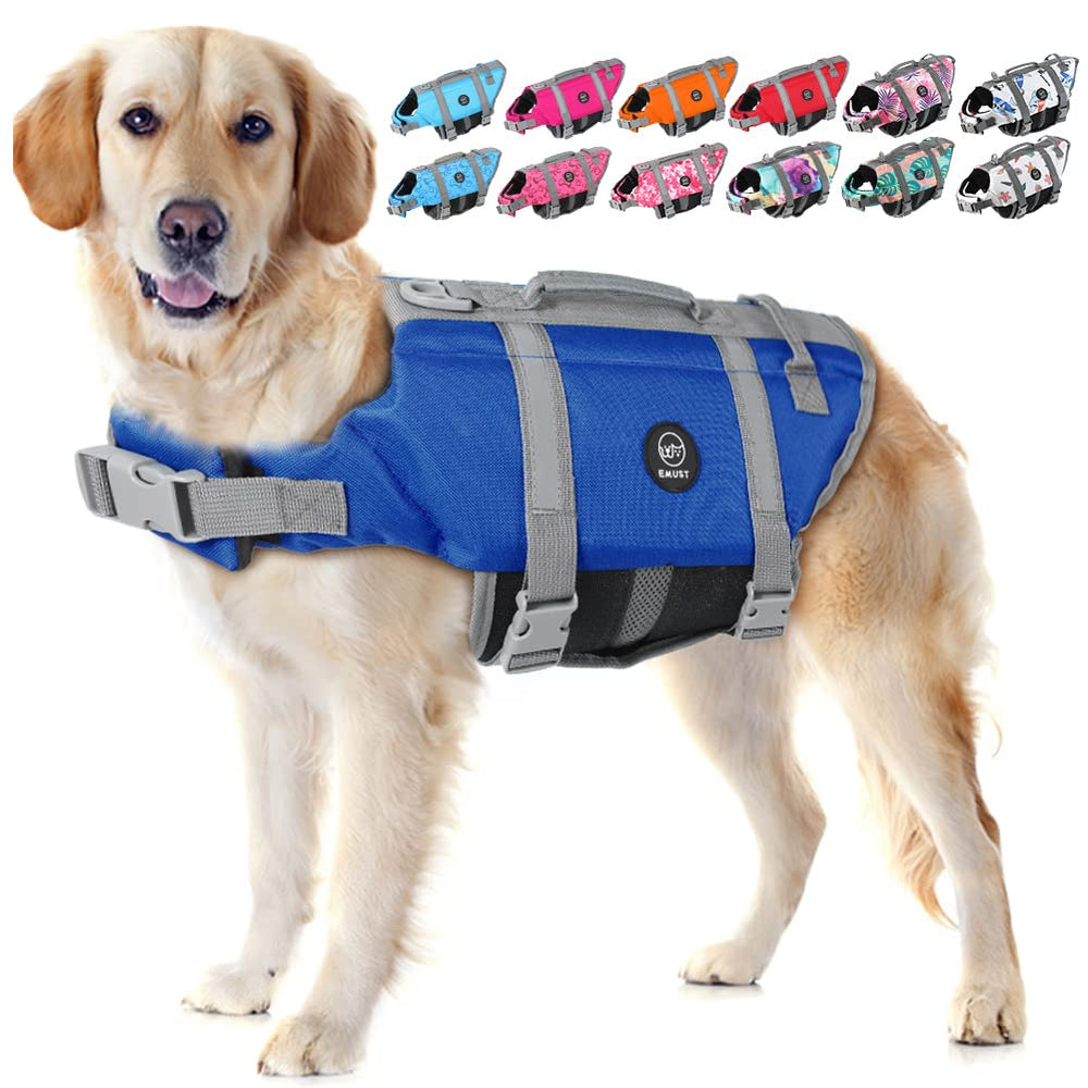 Chaleco EMUST para perros azul royal con flotabilidad y libertad de movimiento.