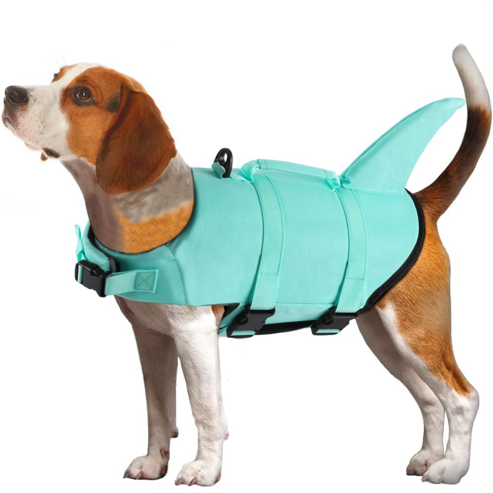 EMUST chaleco salvavidas para perro turquesa, vista frontal y alta visibilidad
