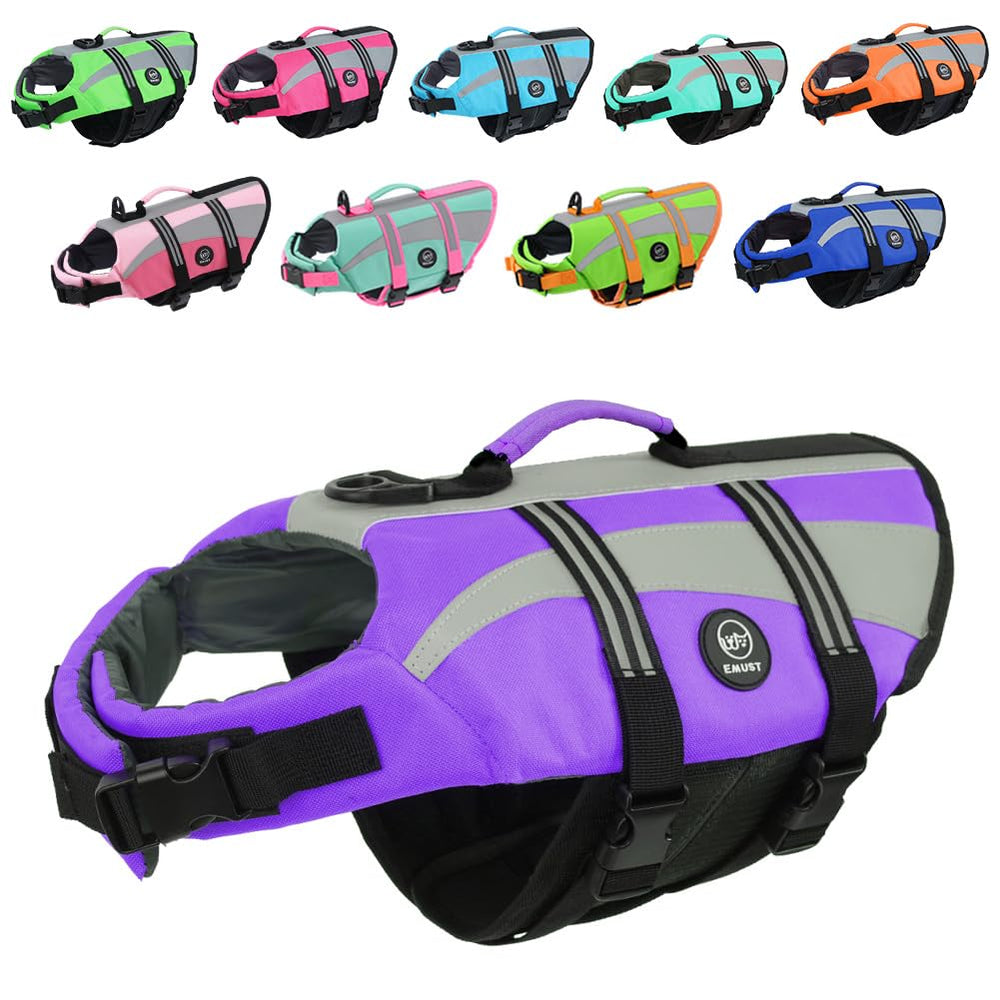 EMUST chaleco salvavidas para perro morado visto frontal, seguridad y confort.