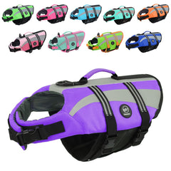 EMUST chaleco salvavidas para perro morado visto frontal, seguridad y confort.