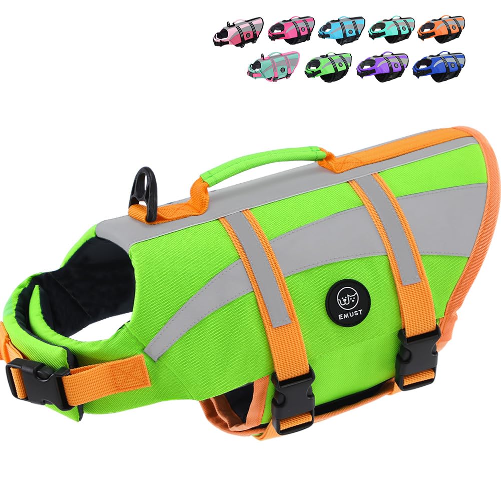 EMUST chaleco salvavidas para perro con franjas reflectantes, aumenta visibilidad en paseos nocturnos.