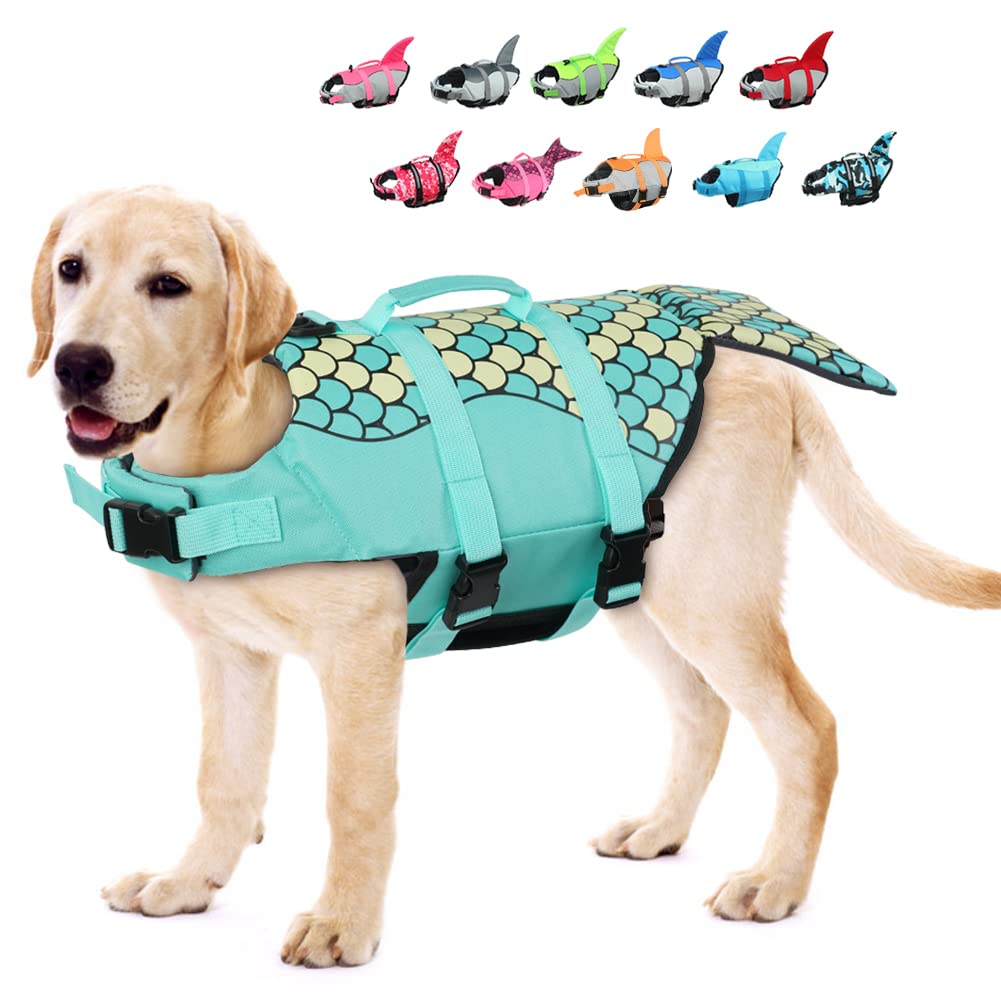EMUST chaleco salvavidas para perros, frente verde, alta flotación para nadar seguro.