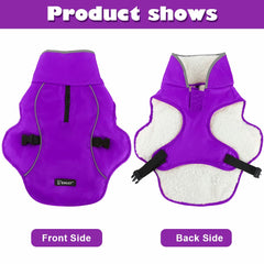 EMUST chaqueta para perro morada, detalle de cierre para arnés y ajuste cómodo.