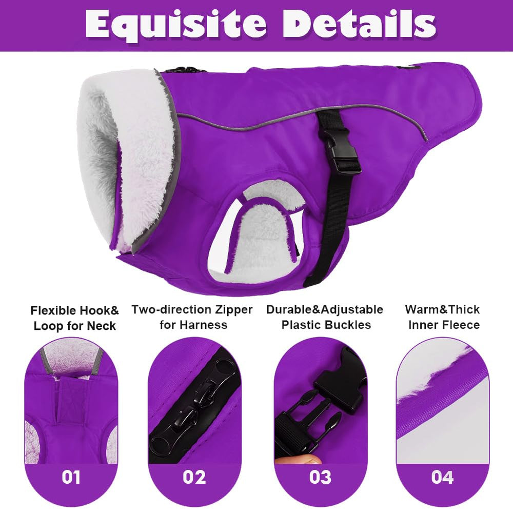 EMUST chaqueta para perro morada, vista lateral, mantiene al perro cálido en frío.