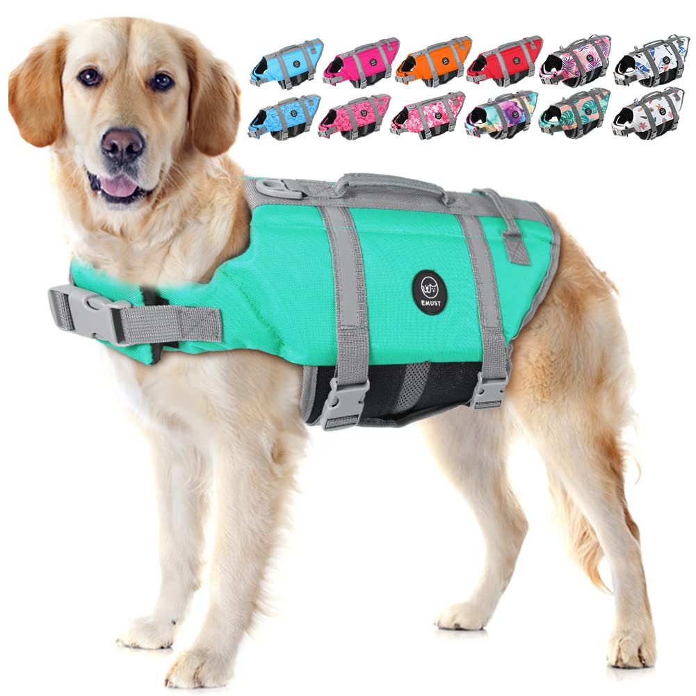 EMUST chaleco salvavidas para perros, vista frontal, con flotabilidad para nadar.