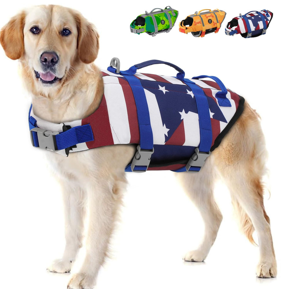 EMUST salvavidas canino, vista frontal, alta visibilidad en el agua