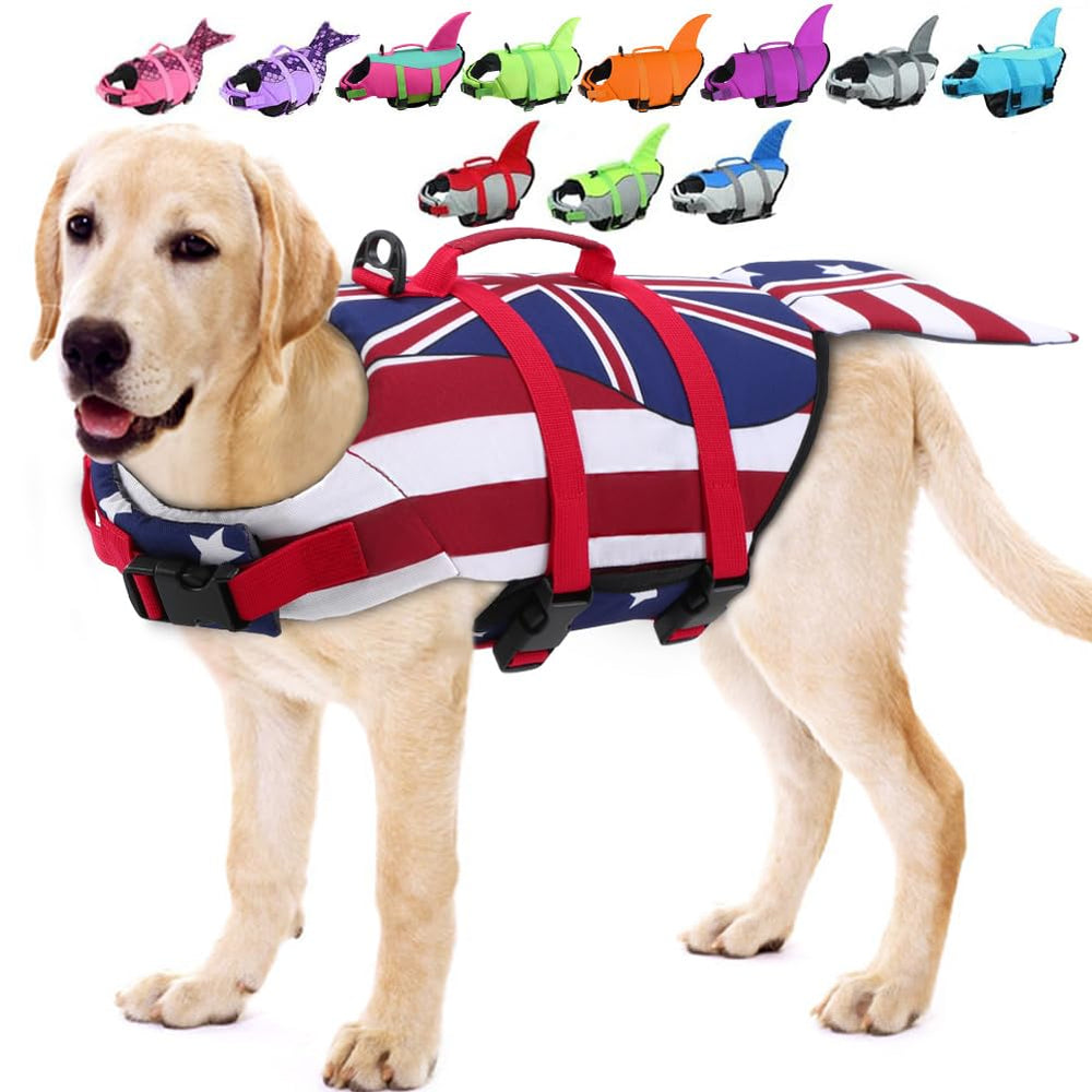 EMUST salvavidas para perros, vista frontal, flotación estable y visibilidad mejorada.
