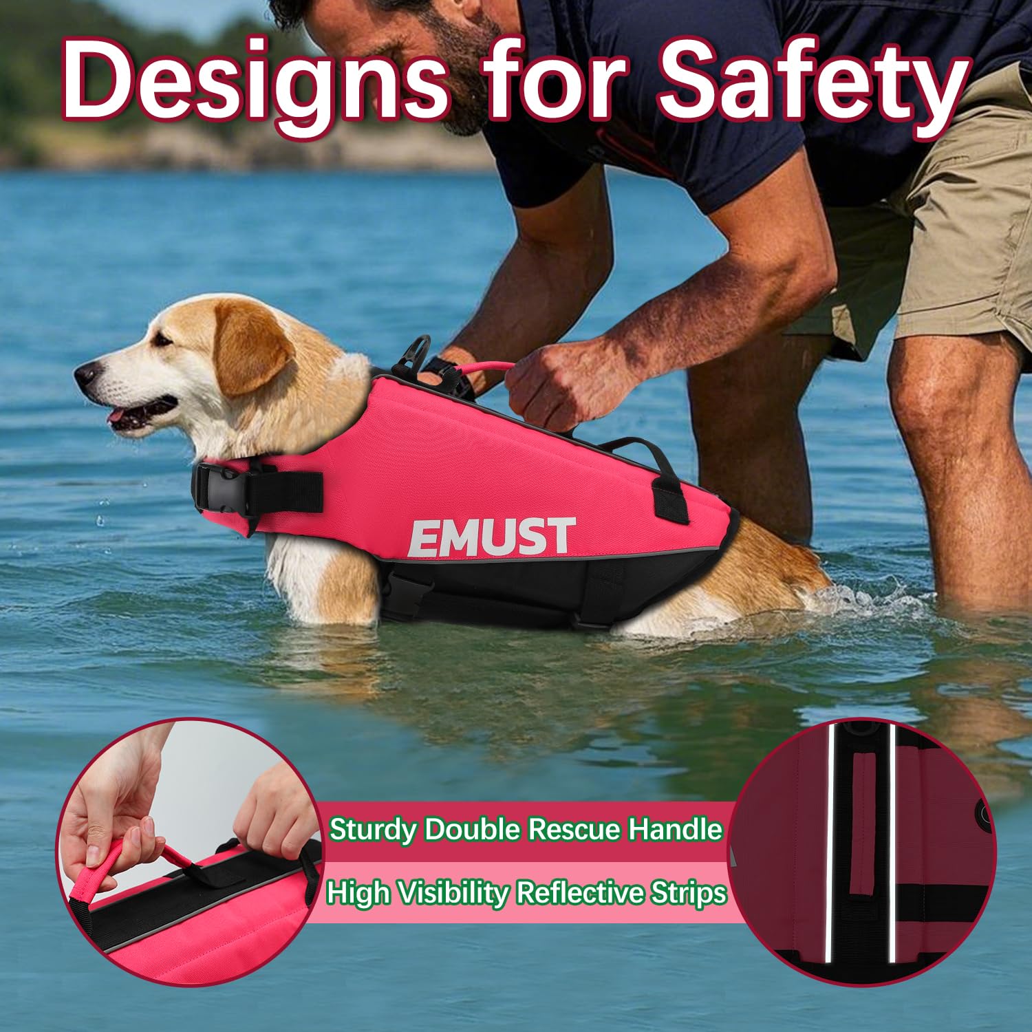 EMUST salvavidas para perros con tiras reflectantes y patrón hueso para visibilidad nocturna.