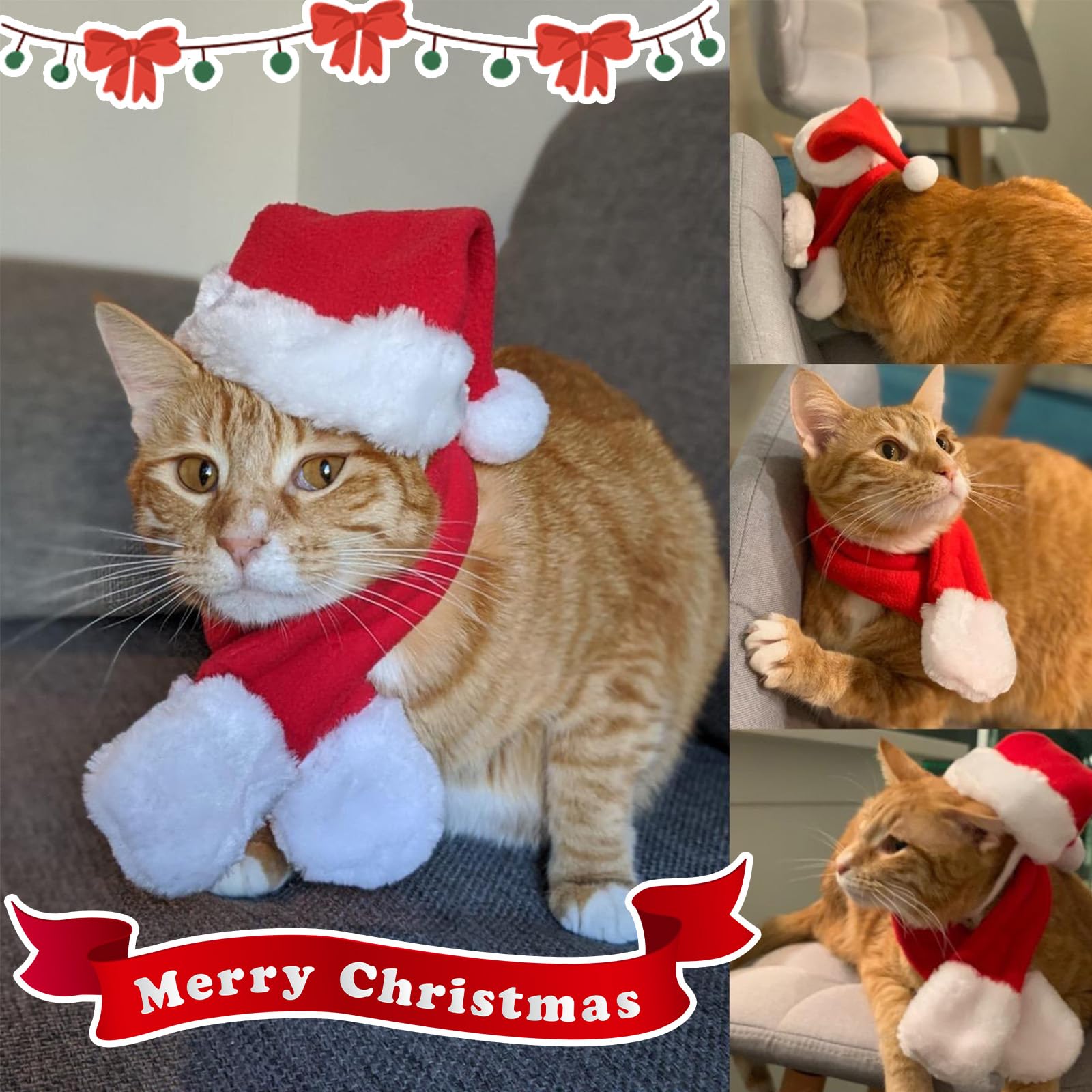 Mascota Enjoying en casa con disfraz navideño, sensación cálida y acogedora.