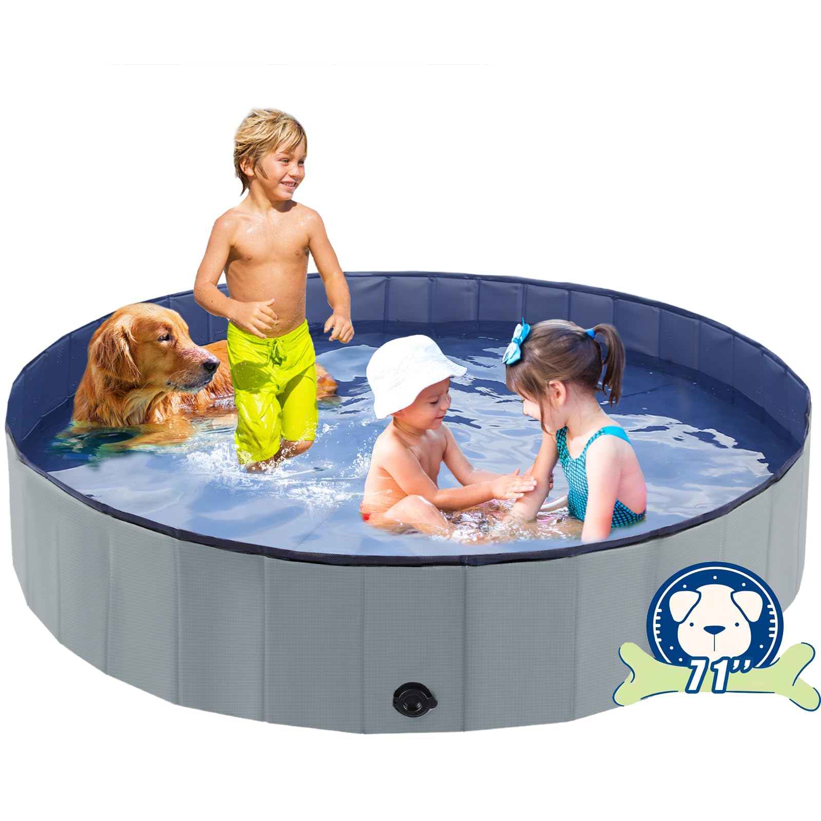 Piscina para perros plegable Eooqi de 71 pulgadas desplegada en jardín para baño.