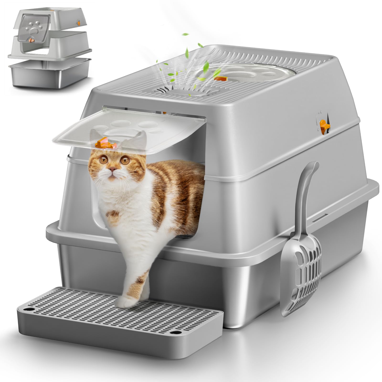 Arenero Eosarcu rectangular con tapa gris, gran capacidad para gatos grandes.