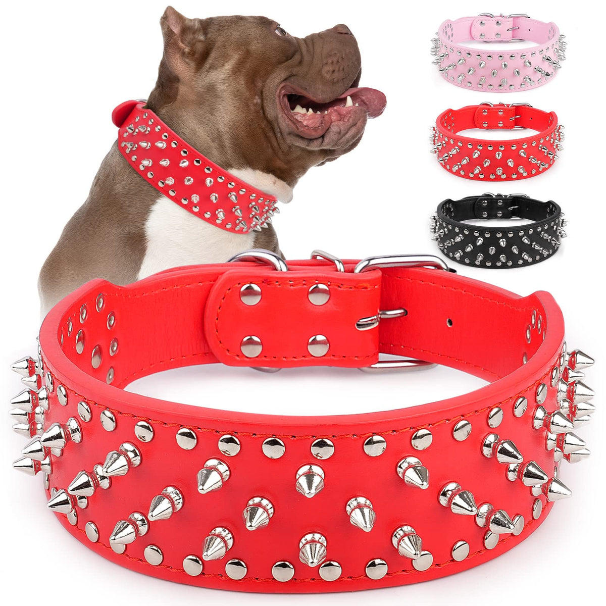 Collar Epesiri con tachuelas ajustable en rojo visto frontal para mayor presencia