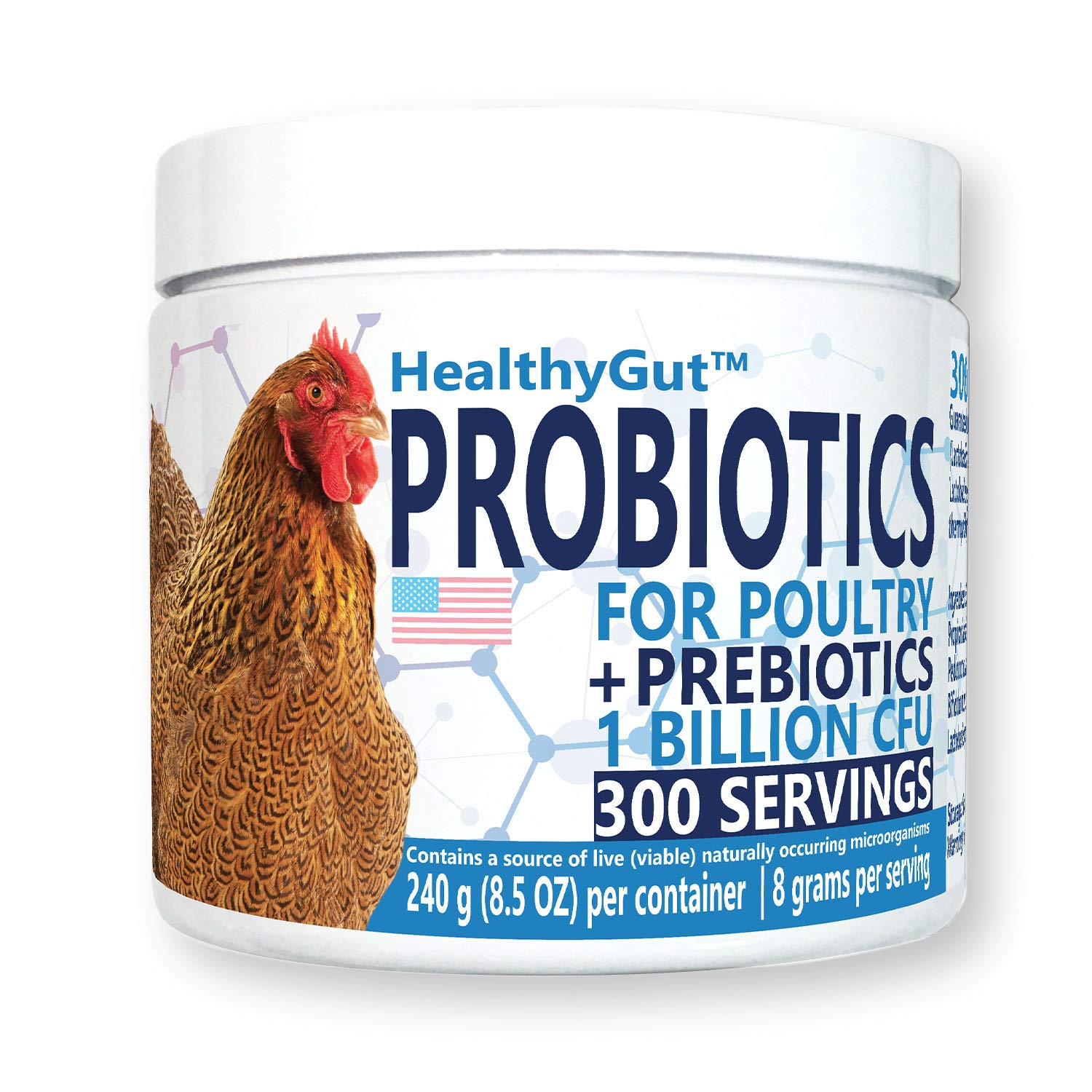 Equa Holistics HealthyGut Probiotics frascos pollo: soporte digestivo natural para aves de corral.