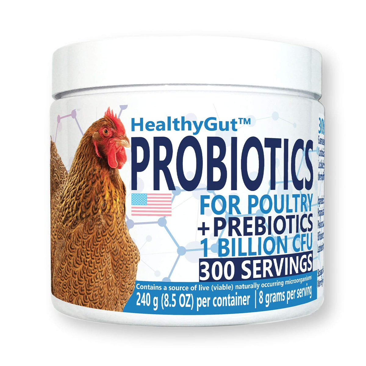 Equa Holistics HealthyGut Probiotics frascos pollo: soporte digestivo natural para aves de corral.