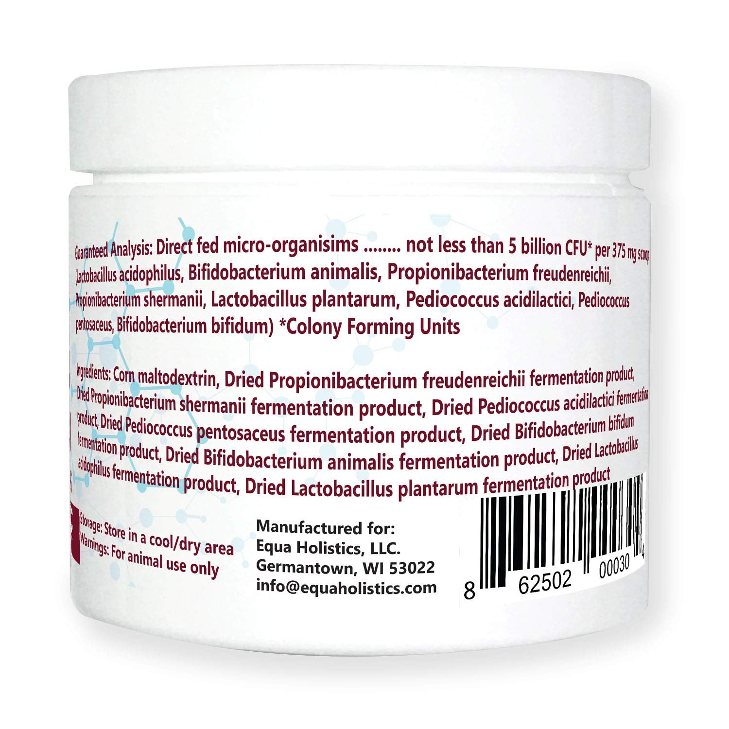 Equa Holistics HealthyGut: envase de 600 porciones para microbioma aviar.