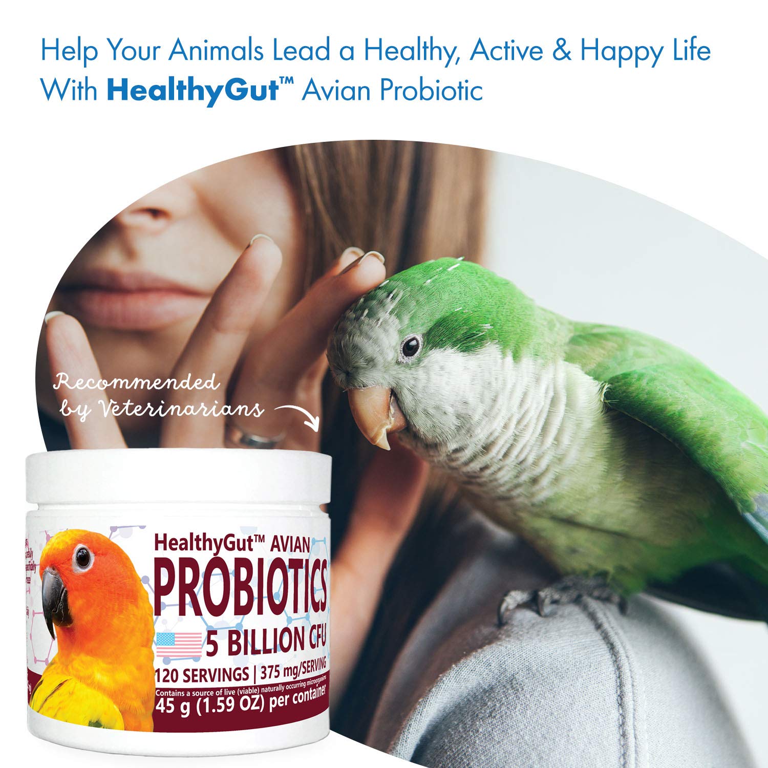 Equa Holistics HealthyGut: frasco con porciones para aves de distintos tamaños.
